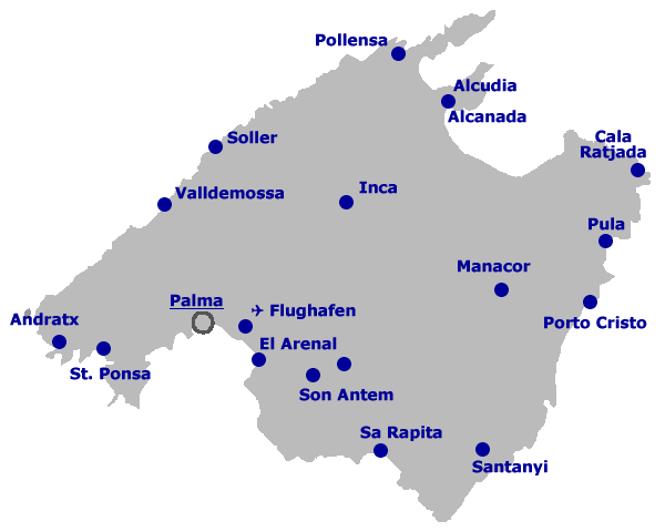 Mallorca im Gesamtüberblick mit den wichtigsten Städten und Besonderheiten Mallorca Karte mit wichtigen Städten und Orten